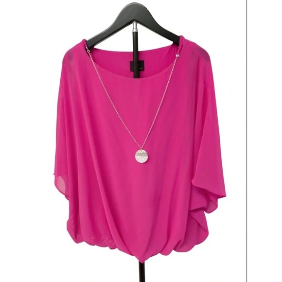 JM Collection Tops - JM Collection Jewelry Chain Blouse Womens Large Pink Sheer Overlay Bubble Hem